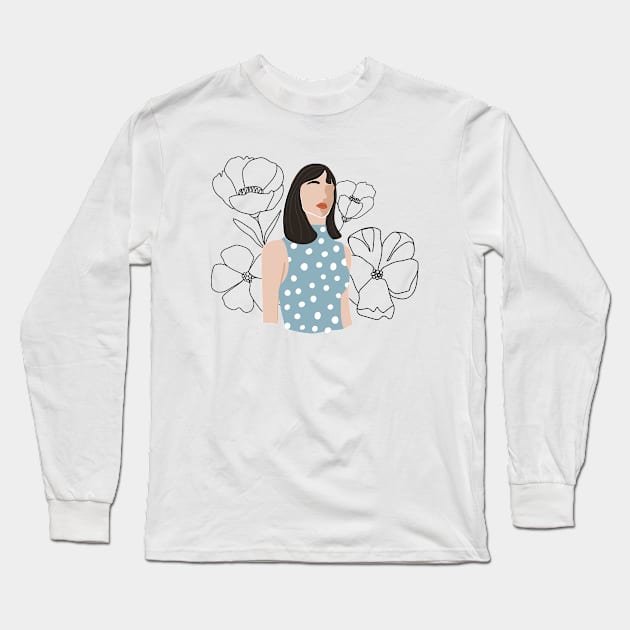 Fashion collage with abstract woman portrait and continuous flowers. Mid century Silhouette. Long Sleeve T-Shirt by CoCoArt-Ua